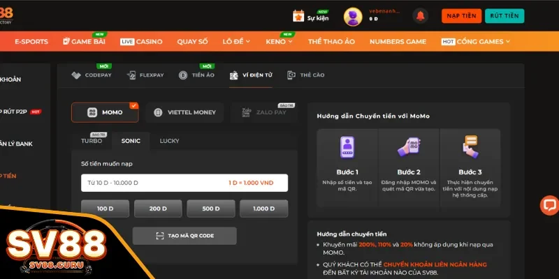 Nạp tiền SV88 - Momo 
